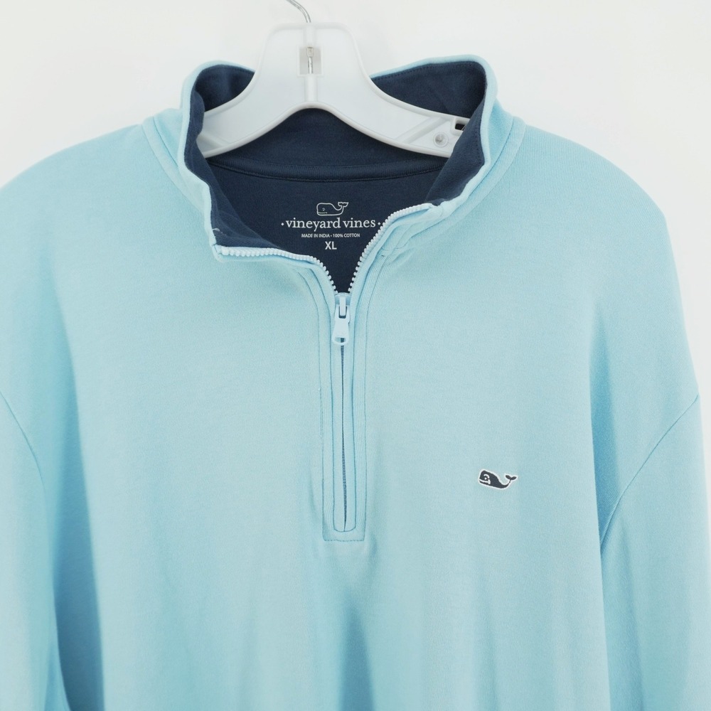 Vineyard Vines Quarter Zip Pullover Mens XL Light Blue Cotton Mock Neck Whale